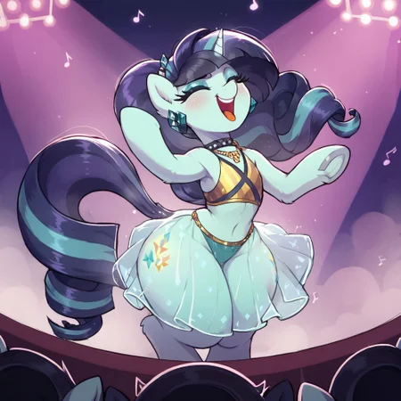 score_9, score_8_up, score_8, Coloratura \(mlp\), pony, transparent skirt, wide hips, singing on stage, aerozerorisk