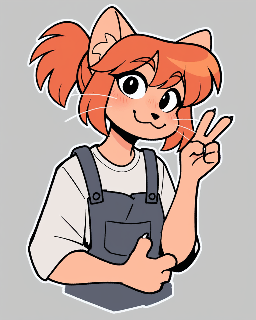 score_9_up, score_8_up, score_7_up, score_6_up, by remanedur, furry female, cat, female, furry, orange hair, black eyes, overalls, ponytail, whiskers,   small breasts, white shirt, bangs, looking at viewer, v sign,  smile, happy, head tilt, solo, three-quarter view, simple background, white outline,  <lora:Leah_Pines(AIM)_XL_v1:0.15> <lora:PDXL_artist_tags_v2_big:0.5> <lora:The-Minuscule-Task_PDXL_v1.0:0.6>  <lora:Abbey_Tompkins_jopitr:0.65>