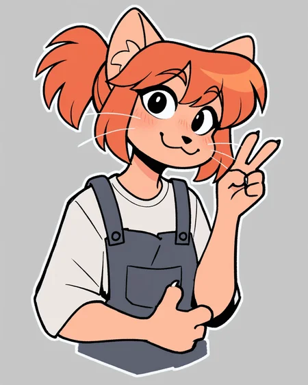 score_9_up, score_8_up, score_7_up, score_6_up, by remanedur, furry female, cat, female, furry, orange hair, black eyes, overalls, ponytail, whiskers, small breasts, white shirt, bangs, looking at viewer, v sign, smile, happy, head tilt, solo, three-quarter view, simple background, white outline, <lora:Leah_Pines(AIM)_XL_v1:0.15> <lora:PDXL_artist_tags_v2_big:0.5> <lora:The-Minuscule-Task_PDXL_v1.0:0.6> <lora:Abbey_Tompkins_jopitr:0.65>