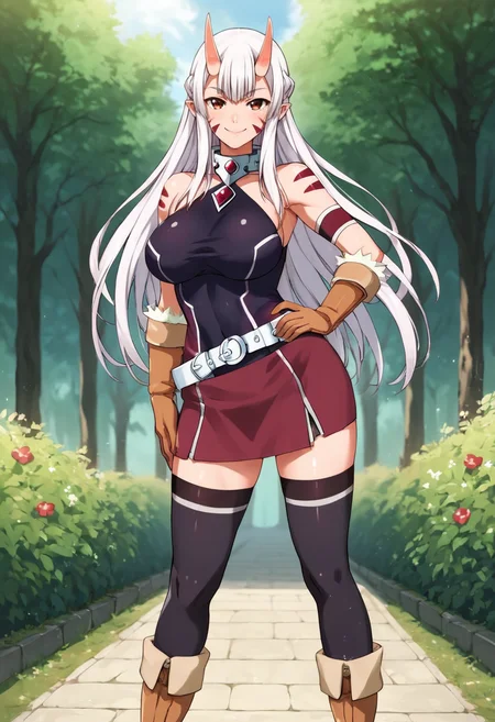 PonyXLV6_Scores,source_anime,masterpiece,best quality, highly detailed, perfect anatomy,amazing quality,
BREAK
 <lora:lisa:0.8>lisa, 1girl, solo, horns, long hair, thighhighs, gloves,smile, looking at viewer, breasts, oni horns, oni, facial mark, black thighhighs, hand on hip, boots, white hair, bare shoulders, pointy ears, red eyes, brown footwear, large breasts, standing, belt,upper body,outdoors,