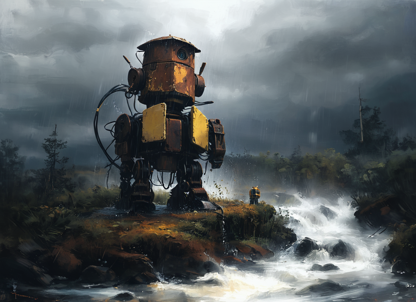 (Masterpiece), artwork, a picture of a rusty robot, sitting  in a dark wood, rain, water, best quality, ultra high res, cinematic lighting, glorious, spectacular, dslr, ultra quality, sharp focus, tack sharp, dof, film grain, technicolor, Fujifilm XT3, photorealistic, 8K UHD, John Berkey Style, <lora:ssta:0.8> ssta, <lora:tbh102-sdxl:0.8> style of Andreas Achenbach