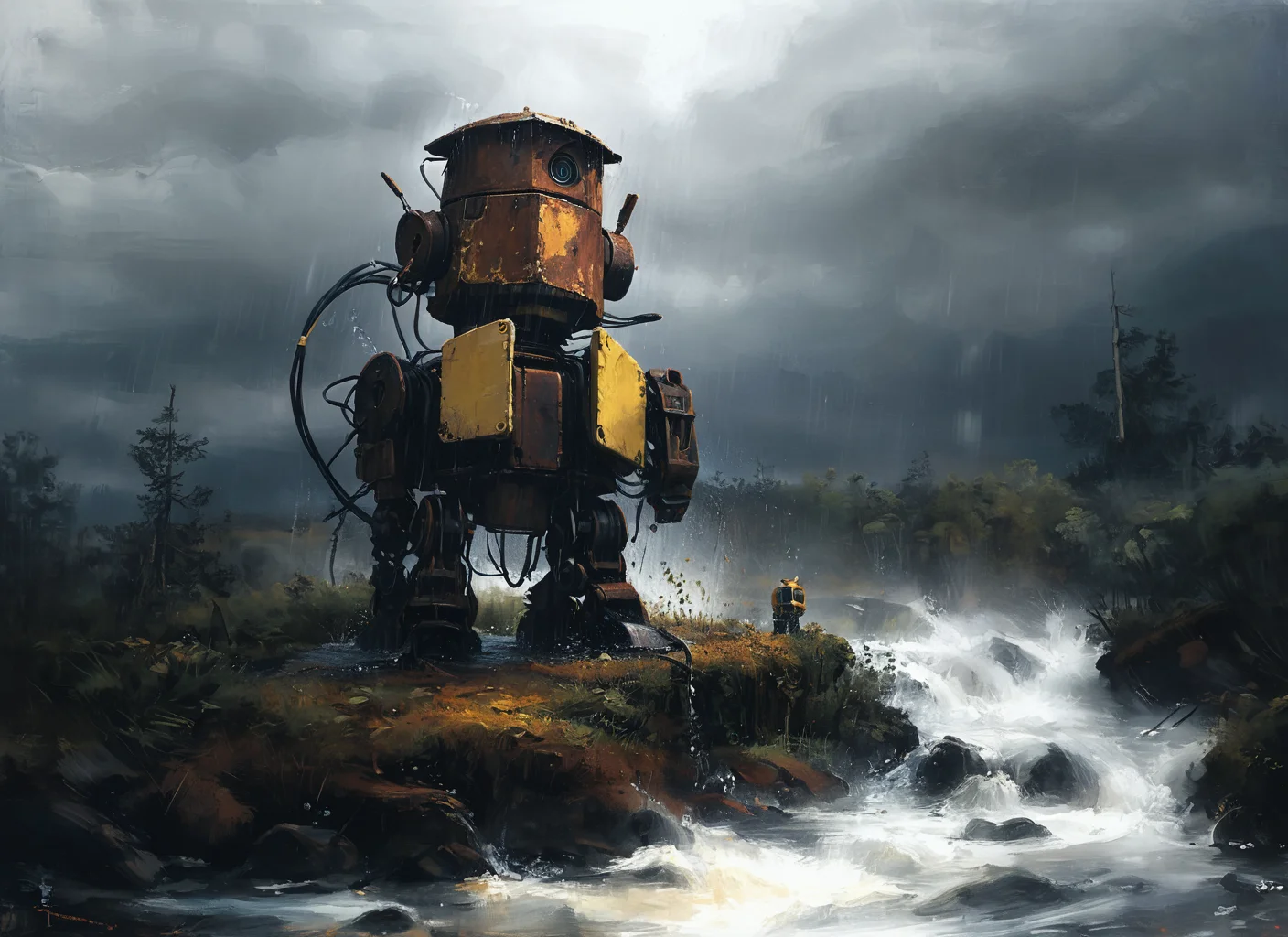 (Masterpiece), artwork, a picture of a rusty robot, sitting  in a dark wood, rain, water, best quality, ultra high res, cinematic lighting, glorious, spectacular, dslr, ultra quality, sharp focus, tack sharp, dof, film grain, technicolor, Fujifilm XT3, photorealistic, 8K UHD, John Berkey Style, <lora:ssta:0.8> ssta, <lora:tbh102-sdxl:0.8> style of Andreas Achenbach