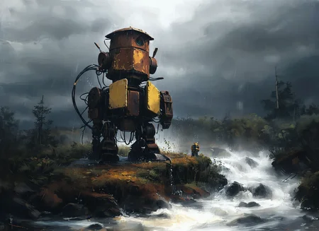(Masterpiece), artwork, a picture of a rusty robot, sitting in a dark wood, rain, water, best quality, ultra high res, cinematic lighting, glorious, spectacular, dslr, ultra quality, sharp focus, tack sharp, dof, film grain, technicolor, Fujifilm XT3, photorealistic, 8K UHD, John Berkey Style, <lora:ssta:0.8> ssta, <lora:tbh102-sdxl:0.8> style of Andreas Achenbach