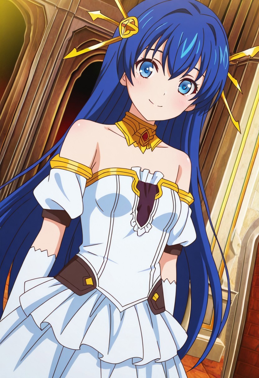 general,highres, ultra-detailed,very aesthetic,best quality ,best hands,best eyes,easynegative,
dynamic anglre, dutch angle, anime cloring,anime screencap,
1girl solo,looking at viewer,castle,indoors,smile,
Lia Parapara Leazas,blue hair,long hair,blue eyes,small breasts,short body,hair ornaments,bare shoulders dress,gloves,