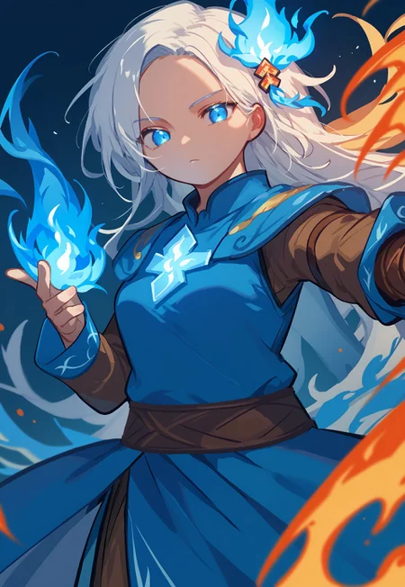 score_9, score_8_up, score_7_up, source_anime, (Omoyu Style), 1girl, long hair, hair ornament, cowboy shot, blue fire, frame panels, blue flame, dutch angle, looking at viewer, reaching towards viewer