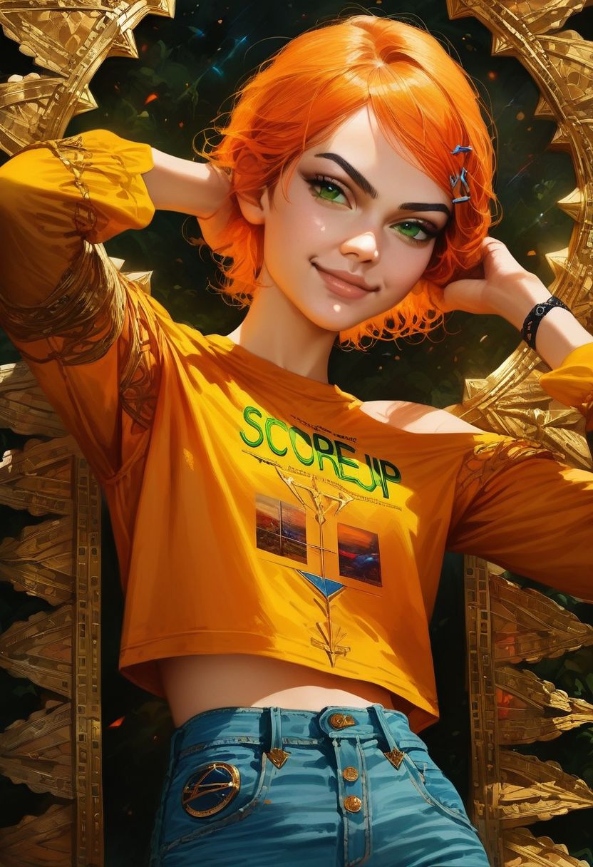 score_9, score_8_up, score_8, score_7_up, score_7,  score_6_up, 
rating_safe, Expressiveh, epiCPhoto, semi realistic, (best quality:1.1), (masterpiece:1.2), (realistic:1.2), (detailed:1.1), (highres, best quality:1.2), source_anime, intricate details, hyperdetailed, extremely sharp, 4k , vivid colors,
1girl, gwen tennyson (/Ben10)/,(ultra HD quality details), bright orange hair, short hair, (green eyes)
crop top,  bare shoulders, midriff,  long sleeves, bare shoulder, modest, denim jeans,
 Low Angle View, smug smiling, darkness, blushed skin, galaxy vortex, translucent hair, smug Smile,