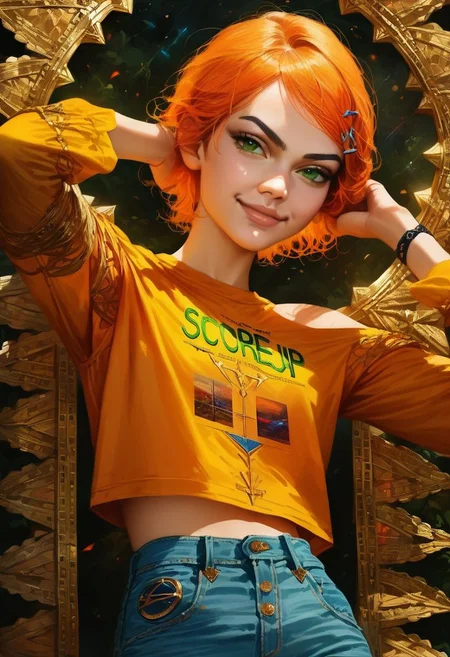 score_9, score_8_up, score_8, score_7_up, score_7, score_6_up,
rating_safe, Expressiveh, epiCPhoto, semi realistic, (best quality:1.1), (masterpiece:1.2), (realistic:1.2), (detailed:1.1), (highres, best quality:1.2), source_anime, intricate details, hyperdetailed, extremely sharp, 4k , vivid colors,
1girl, gwen tennyson (/Ben10)/,(ultra HD quality details), bright orange hair, short hair, (green eyes)
crop top, bare shoulders, midriff, long sleeves, bare shoulder, modest, denim jeans,
Low Angle View, smug smiling, darkness, blushed skin, galaxy vortex, translucent hair, smug Smile,