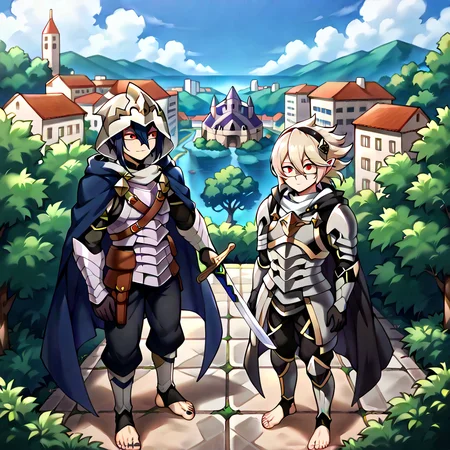 masterpiece, best quality, sharp aliasing, highly detailed, Quality, High Definition, Full Body View, <lora:EPfeCorrinPony:1>EPfeCorrin, blue cape, armour, black gloves, full gloves, black pants, wearing pants, outdoors, day, stone ground, tree, bush, buildings, barefoot, toeless legwear, armoured legwear, stirrup legwear, 5 toes <lora:Amajiki_Tamaki__Pony:1>Tamaki Amajiki, pointy ears, red eyes, dark blue hair, hair between eyes, hood, mask, male, male body, sword, standing <lora:feet_anime_pony_v2:1>feet, dark blue toenails
