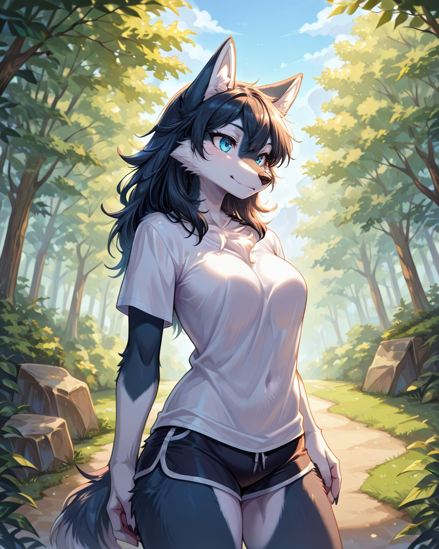 masterpiece, best quality, 1girl, solo,  outdoors, shorts, tshirt, standing, grey wolf anthro, body fur, furry, fur ,<lora:IndigoToonMix_Style_IL:1> itmstyle