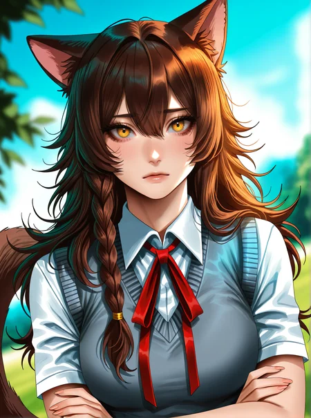 by j.k:0.6, by hoshi san 3:0.1,artist:Sakimichan:0.5, 1girl, solo,uvao_es, brown hair, yellow eyes, long hair, messy hair, side braid,tail,grey sweater vest, collared shirt, neck ribbon, animal ears, upper body, arms crossed, outdoors, emotionless, looking at viewer, (masterpiece), depth of field, (best quality), (ultra-detailed), amazing quality, very aesthetic, illustration, dynamic compostion,dutch angle, perfect composition, absolutely eye cathing, intricate details, absurdres, incredibly absurdres, <lora:UVAO_ES_IL_v1:0.7>