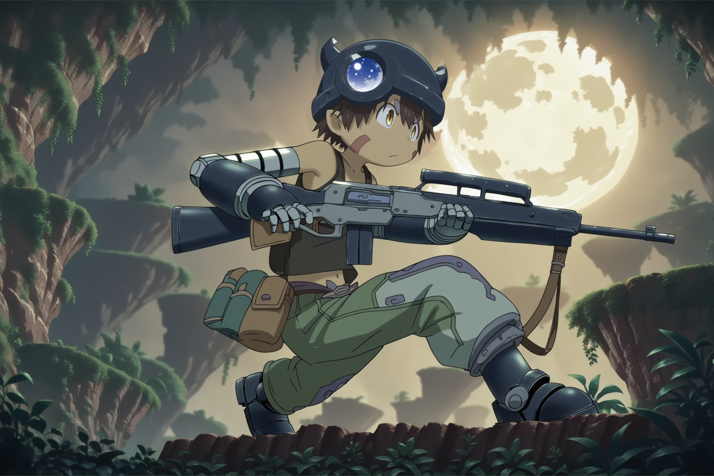 score_9, score_8_up, score_7_up, score_6_up, score_5_up, score_4_up, source_anime, full-length portrait, side view BREAK mregu, cyborg, cybernetic limbs, aubade helmet, camo pants, tank top, navel, male, solo, holding rifle, rifle, belt pouch, kneeling on one leg, aiming weapon, serious, jungle, cliff, night, moon, detailed background, clutter, dynamic, intricate <lora:Made In Abyss - CharactersXL v0.6b-000005:1> <lora:zy_Detailed_Backgrounds_v1:0.75>