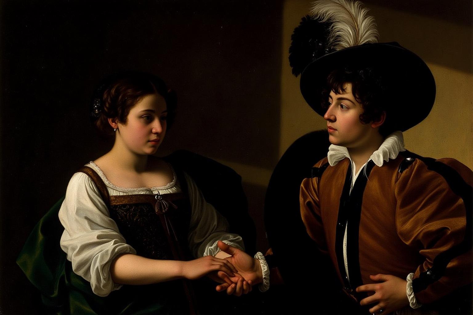 carava1 painting. The painting depicts a young man and a woman dressed in Renaissance baroque clothing clothing. The woman is holding the the young man's hand, touching his palm. The young man is richely dressed in Renaissance baroque clothing clothing, with a feather wide-brimmed hat. <lora:carava1_cap_d6a3e11:1.0><lora:828388364345620421:0>
