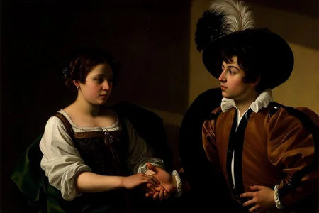 carava1 painting. The painting depicts a young man and a woman dressed in Renaissance baroque clothing clothing. The woman is holding the the young man's hand, touching his palm. The young man is richely dressed in Renaissance baroque clothing clothing, with a feather wide-brimmed hat. <lora:carava1_cap_d6a3e11:1.0><lora:828388364345620421:0>