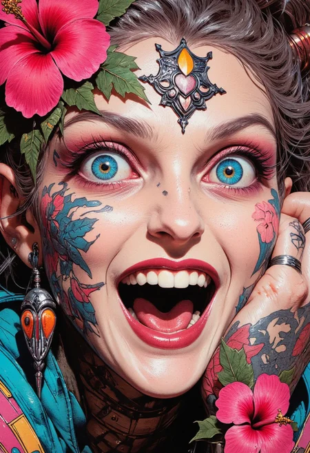 anime, cyberpunk, niji_flux, woman, Hyperrealism, extreme close-up Portrait of a beautiful, stunning unique female character. She has large turquoise eyes filled with joy and excitement, extravagant eyelashes, making this image a masterpiece of photography and digital art. Style: realistic hyper-detailed rendering, 32k UHD, expressive eyes, punk, graphic design, pink hibiscus tattoo, girl's face, side view, pretty and cute, gleaming lips, white skin, telling a tale of adventure. Exuding confidence and serenity. Vibrant tattoos adorn her sun-kissed skin