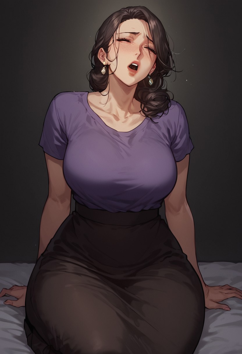 score_9, score_8_up, score_7_up, source anime, anime screencap, masterpiece, expressive eyes, perfect face, cinematic lighting, volumetric lighting, bloom, post processing, Expressiveh, 1woman(aimee, mature mom, curvy body,woman wearing short sleeve purple top, brown long skirt),full body,  thick thighs, wide hips, toned, moaning, dark theme, low light, solo
