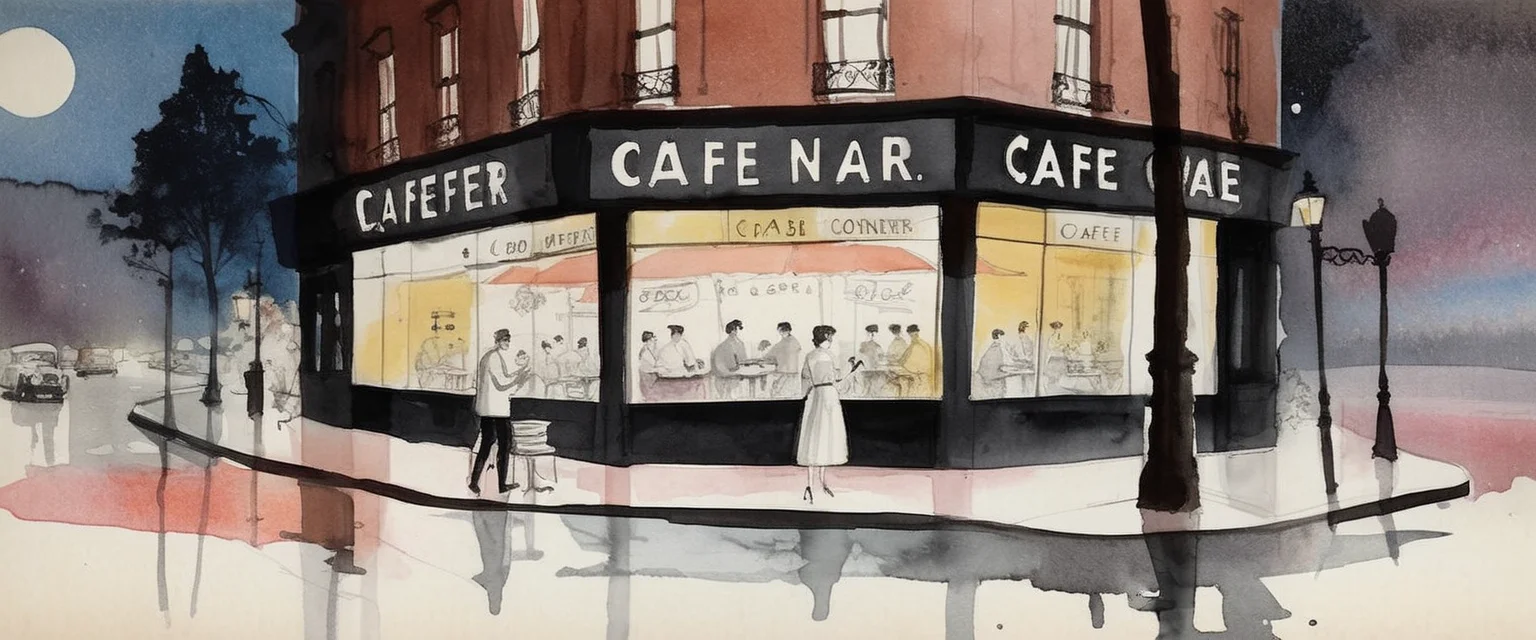 <lora:Aether_Watercolor_and_Ink_v1_SDXL_LoRA:1> a city corner café at night 50s watercolor and ink