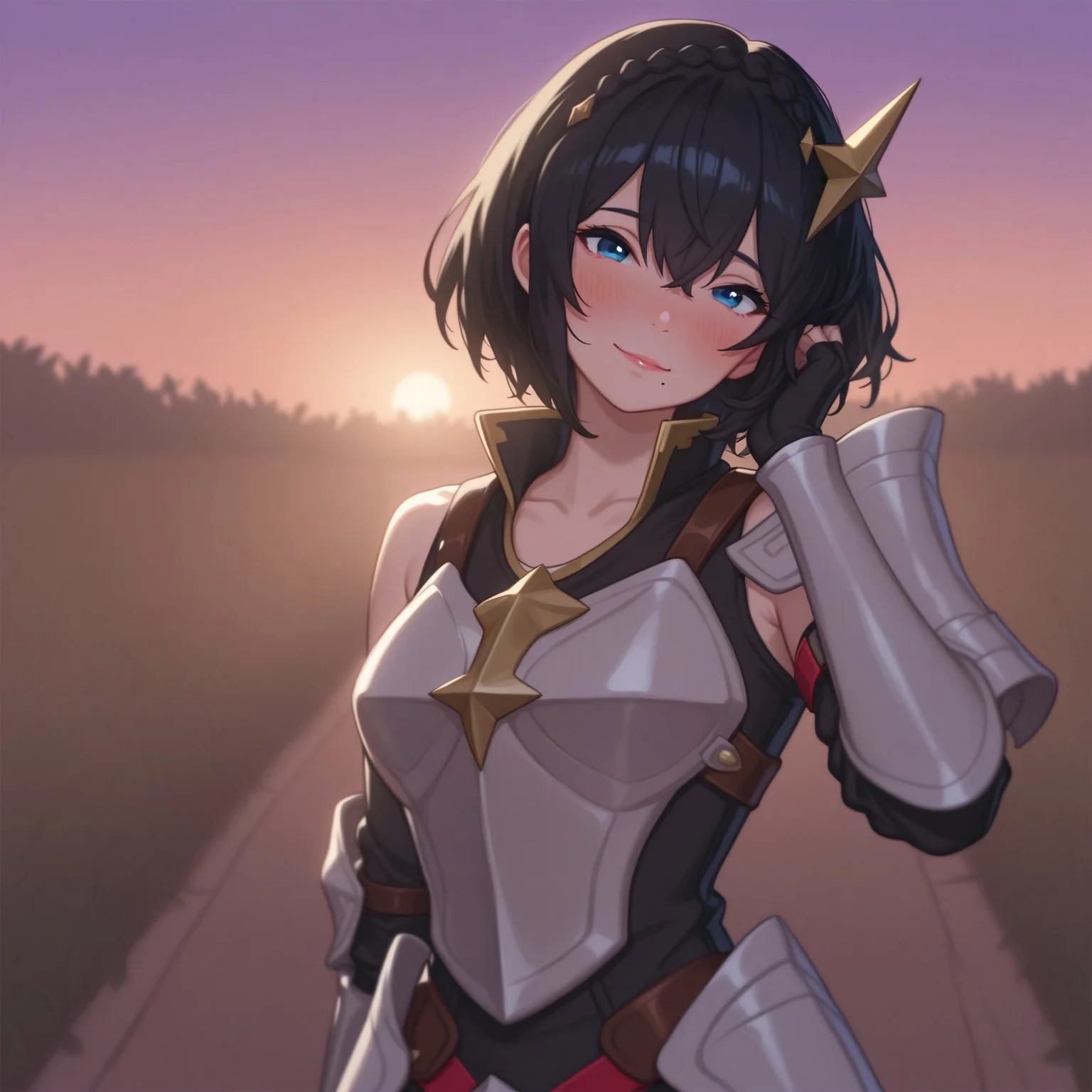 1girl, solo, realistic, (blush, head tilt, sexy, looking at viewer, hand on hair, light smile, seductive smile, sexy), standing, looking at viewer, upper body, BREAK, 1girl, solo, Cecile, blue eyes, mole under mouth, ((Rookiececile:1)), black hair, short hair, hair ornament, simple armor, shoulder armor, black gloves, fingerless gloves, thighhighs, armored boots,looking at viewer, head tilt, seductive look, aroused, horny, standing, hand in hair, looking at viewer, lips parted, blushing, mischievous smile
BREAK
BREAK, Masatsugu Saito, Garden, sunset, orange sky, purple sky,