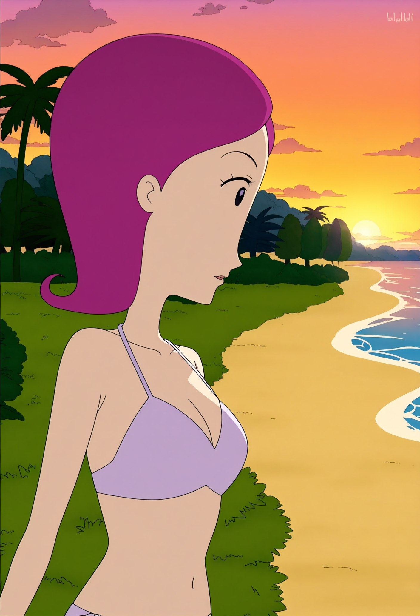 masterpiece,best quality,amazing quality,anime screencap,absurdres,anime coloring,
<lora:Zxlï¼Nyy-IL V1:1>,1girl,ZhangXiaoLi,purple hair,short hair,solo,outdoors,beach,bikini,