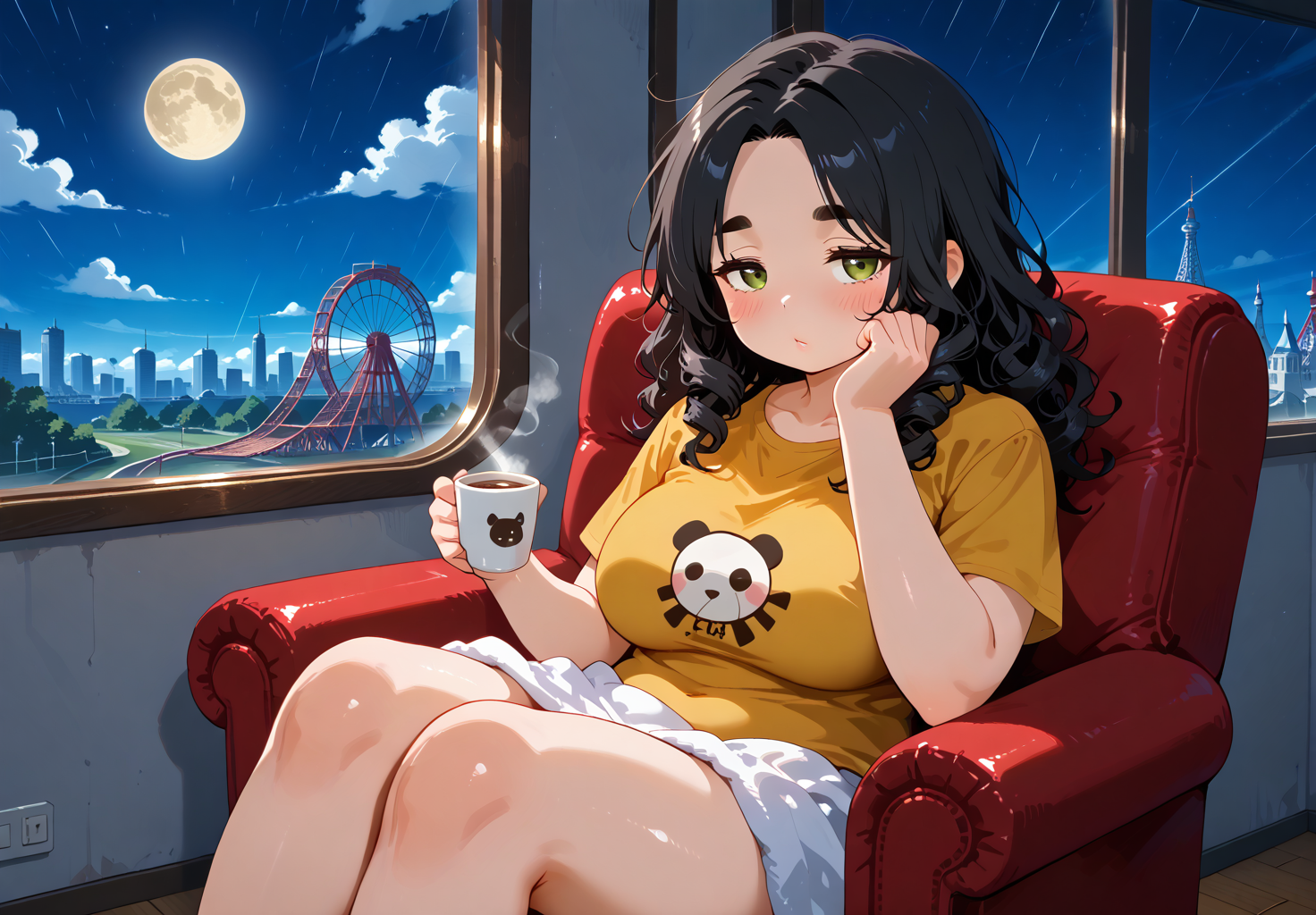 IllusP0s, PonyScores7, source_anime, ah1, IllustriousQual, interesting, exciting, spectacular, wonderful, 
BREAK <lora:xl_more_art-full_v1:0.2>, <lora:aesthetic_anime_v1s:0.2>, <lora:EpicF4nta5yXL:0.2>, <lora:detailxl:0.2>, detailxl, <lora:Fant5yP0ny:0.2>, amazing quality, best aesthetic, absurdres, illustration, Volumetric_Lighting, ultra-detailed, very aesthetic, intricate details, best_quality
BREAK ((sitting back in a cozy armchair, with a warm cup of coffee in hand, and a soft blanket draped over the legs while listening to rain patter against the window)),
BREAK Stable_Yogis_PDXL_Positives, AS-Adult, <lora:Complicated fantasy portrait - XL Pony V2.0:0.2>, bad-hands-5, <lora:HDA_Detailer:0.3>, <lora:natsumi_style:0.5>, <lora:by_usakun-pony:0.4>, by usakun, <lora:Akina_Bbw_Style_-_PonyXL:0.2>, AkinBw, ((bust chart)),
BREAK 1girl, mature female, (curvy), round-chin, caucasian, <lora:ETO_OC_Illustrius:0.5>, eto_oc, skindentation, (plump), thick thighs, wide hips, busty, voluptuous, <lora:venus body PonyXL:0.3>, <lora:shinyskin2:0.2>, glistening skin, HDA_FatGirlXL, 
BREAK ((<lora:FlushedEmojiShirt_pdxl_Incrs_v1:0.8>, yellow shirt, blush, t-shirt, large breasts, holding)),
BREAK (curly hair), long hair, (black hair:1.4), (parted hair:1.7), messy hair, kinky curls, <lora:hairdetailpxl:0.2>, hairdetailpxl,
BREAK (half green and brown eyes), (colorful eyes), (multicolored eyes), (downturned eyes:1.4), <lora:expressive eyes:0.2>, expressive eyes, <lora:eyedetailpxl:0.2>, eyedetailpxl, <lora:Eyes_High_Definition:0.2>, EyesHD, (round face:1.2), (thick eyebrows:1.3), (plump face), <lora:Round_face:0.2>, lips, 
BREAK ((bored expression, resting head on hand, half-closed eyes expression)), <lora:Expressive_H:0.2>, Expressiveh, <lora:Emotional_Anime_Expressions_PonyXL_Concept:0.2>, emotional, <lora:Best_Facial_Expression_LoRA_PONY:0.2>, looking at viewer, <lora:Detailed expressive EXEV style -XL Pony V1.0:0.2>, FaceDetail,
BREAK (((moonlit Roller Coaster in a Amusement Park, a massive roller coaster silhouetted against a full moon, its tracks glistening with dew, The atmosphere is thrilling yet serene, with the only sound being the gentle rustle of leaves))), <lora:Background Detailer - SDXL:0.8>, 4k, 8k, Ultra HD, Masterpiece, Best quality, Detailed background, <lora:Add_more_details_V2_XLpony:0.4> full_details,
