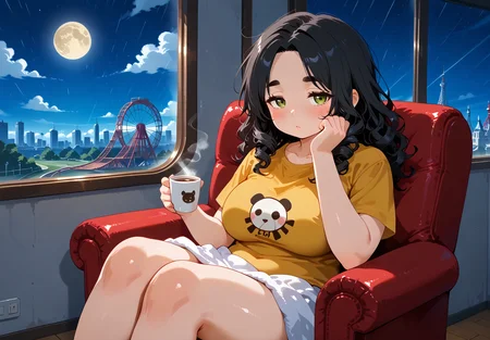 IllusP0s, PonyScores7, source_anime, ah1, IllustriousQual, interesting, exciting, spectacular, wonderful,
BREAK <lora:xl_more_art-full_v1:0.2>, <lora:aesthetic_anime_v1s:0.2>, <lora:EpicF4nta5yXL:0.2>, <lora:detailxl:0.2>, detailxl, <lora:Fant5yP0ny:0.2>, amazing quality, best aesthetic, absurdres, illustration, Volumetric_Lighting, ultra-detailed, very aesthetic, intricate details, best_quality
BREAK ((sitting back in a cozy armchair, with a warm cup of coffee in hand, and a soft blanket draped over the legs while listening to rain patter against the window)),
BREAK Stable_Yogis_PDXL_Positives, AS-Adult, <lora:Complicated fantasy portrait - XL Pony V2.0:0.2>, bad-hands-5, <lora:HDA_Detailer:0.3>, <lora:natsumi_style:0.5>, <lora:by_usakun-pony:0.4>, by usakun, <lora:Akina_Bbw_Style_-_PonyXL:0.2>, AkinBw, ((bust chart)),
BREAK 1girl, mature female, (curvy), round-chin, caucasian, <lora:ETO_OC_Illustrius:0.5>, eto_oc, skindentation, (plump), thick thighs, wide hips, busty, voluptuous, <lora:venus body PonyXL:0.3>, <lora:shinyskin2:0.2>, glistening skin, HDA_FatGirlXL,
BREAK ((<lora:FlushedEmojiShirt_pdxl_Incrs_v1:0.8>, yellow shirt, blush, t-shirt, large breasts, holding)),
BREAK (curly hair), long hair, (black hair:1.4), (parted hair:1.7), messy hair, kinky curls, <lora:hairdetailpxl:0.2>, hairdetailpxl,
BREAK (half green and brown eyes), (colorful eyes), (multicolored eyes), (downturned eyes:1.4), <lora:expressive eyes:0.2>, expressive eyes, <lora:eyedetailpxl:0.2>, eyedetailpxl, <lora:Eyes_High_Definition:0.2>, EyesHD, (round face:1.2), (thick eyebrows:1.3), (plump face), <lora:Round_face:0.2>, lips,
BREAK ((bored expression, resting head on hand, half-closed eyes expression)), <lora:Expressive_H:0.2>, Expressiveh, <lora:Emotional_Anime_Expressions_PonyXL_Concept:0.2>, emotional, <lora:Best_Facial_Expression_LoRA_PONY:0.2>, looking at viewer, <lora:Detailed expressive EXEV style -XL Pony V1.0:0.2>, FaceDetail,
BREAK (((moonlit Roller Coaster in a Amusement Park, a massive roller coaster silhouetted against a full moon, its tracks glistening with dew, The atmosphere is thrilling yet serene, with the only sound being the gentle rustle of leaves))), <lora:Background Detailer - SDXL:0.8>, 4k, 8k, Ultra HD, Masterpiece, Best quality, Detailed background, <lora:Add_more_details_V2_XLpony:0.4> full_details,