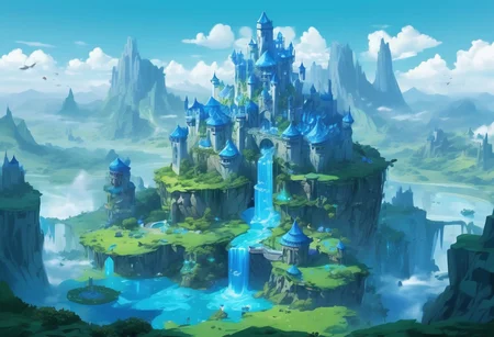 A beautiful castle with many parts made of blue crystal, floating in the sky on a large chunk of land, a waterfall flows from the floating island down to the ground, dragons flying in the background, a green and pleasant landscape,