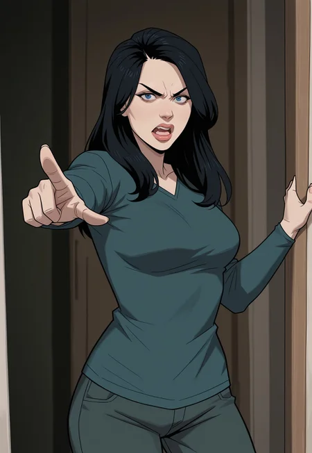 masterpiece, best quality, detailed, realistic, cowboy shot, angry, open mouth, 1girl, solo, invbeckd, black hair, long hair, thick lips, blue eyes, breasts, shirt, long sleeves, pants, pointing at viewer,
