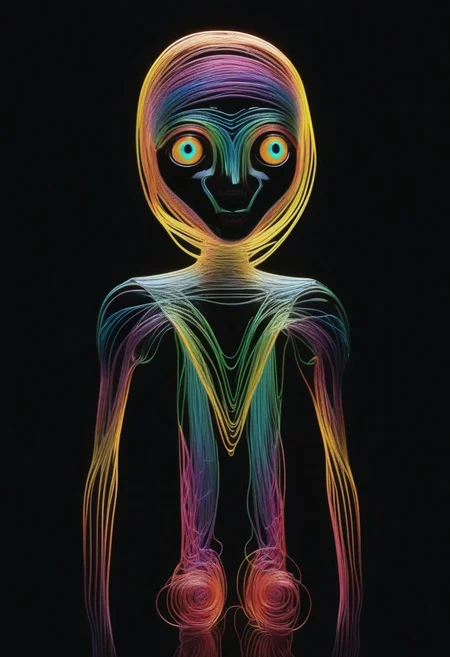 high quality, high resolution, extremely detailed, no humans, made of,tiny neon glass filaments,w0gf1l, stained glass, black background