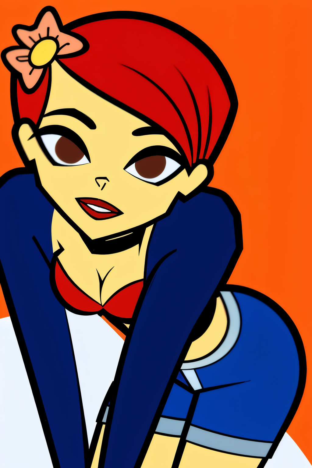 in the Bedroom, (Realistic:1.5) 1girl, solo, open mouth, cleavage, medium breasts, full body, red hair, hair flower, black choker, brown eyes, Denim jacket with a graphic tee <lora:EdobZoeyTotalDrama_v1.0:0.8>