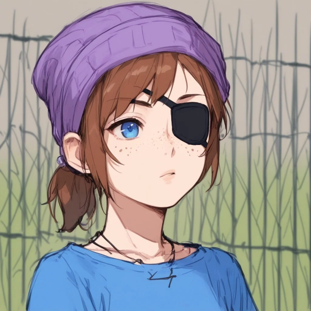 sketch, anime coloring, score_9, score_8_up, score_7_up, score_6_up, girl, freckles, solo, hairband, blue shirt, shirt, fence, playset, purple beanie, black eyepatch, brown hair, necklace, upper body, lips, jewelry, short hair, ponytail, blue eyes, :<,