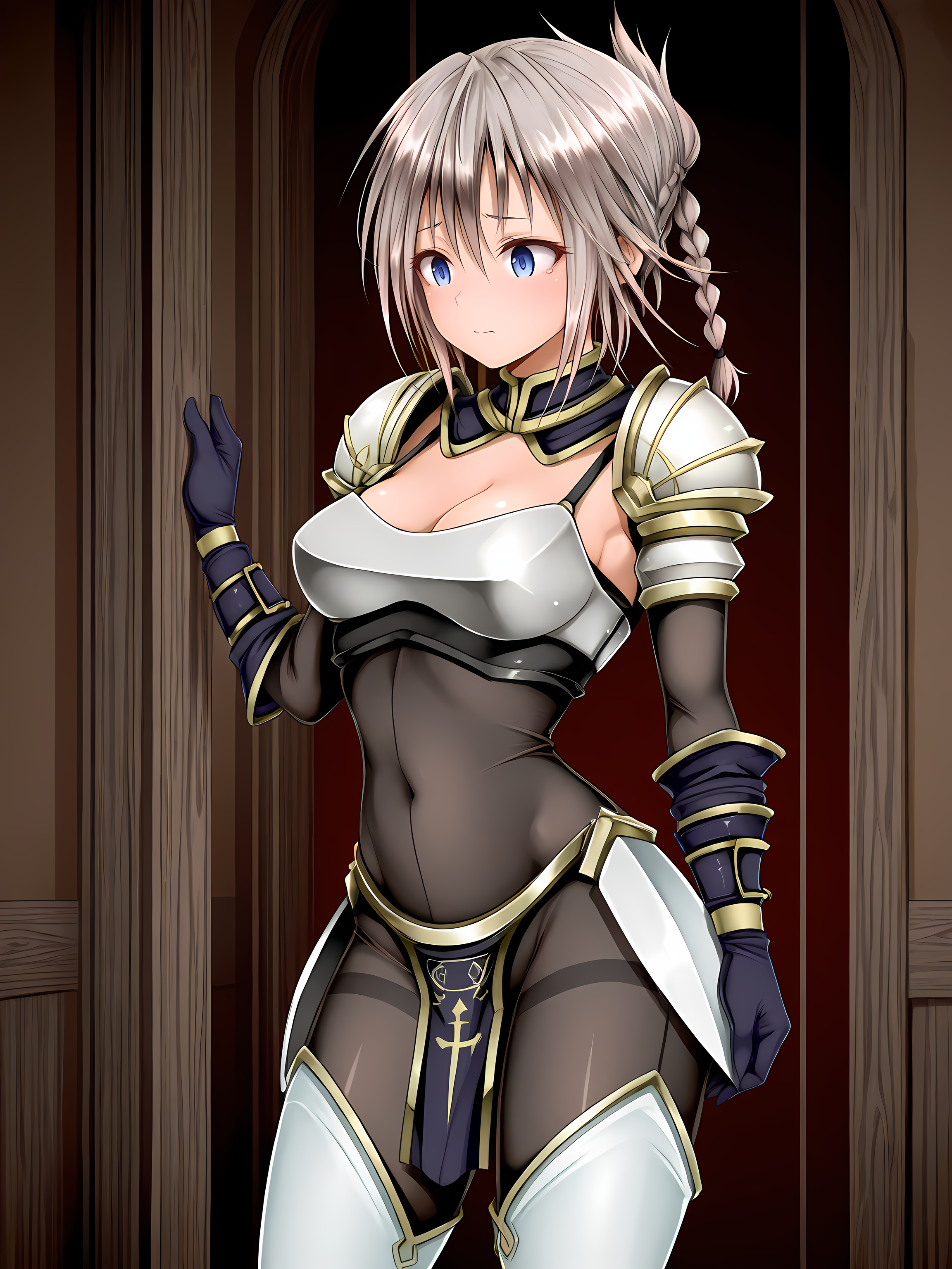 1girl,solo,base outfit,luna,73tunnel,standing,indoors,<lora:Lunalie_el_Blanca_-_Lilitales:0.8>,medium breasts,armor,, masterpiece,best quality,amazing quality,