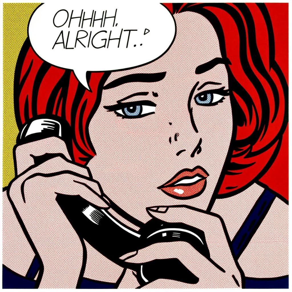 lichtenstein1 illustration.
A woman with short curly red hair and blue eyes. She is talking on the phone holding a vintage retro corded telephone handset.
Her mouth is slightly open as if saying "OHHH, ALRIGHT..." in a speech bubble above her head.
 <lora:lichtenstein1_cap_d6a3e8:1.0><lora:835917119892810674:0>