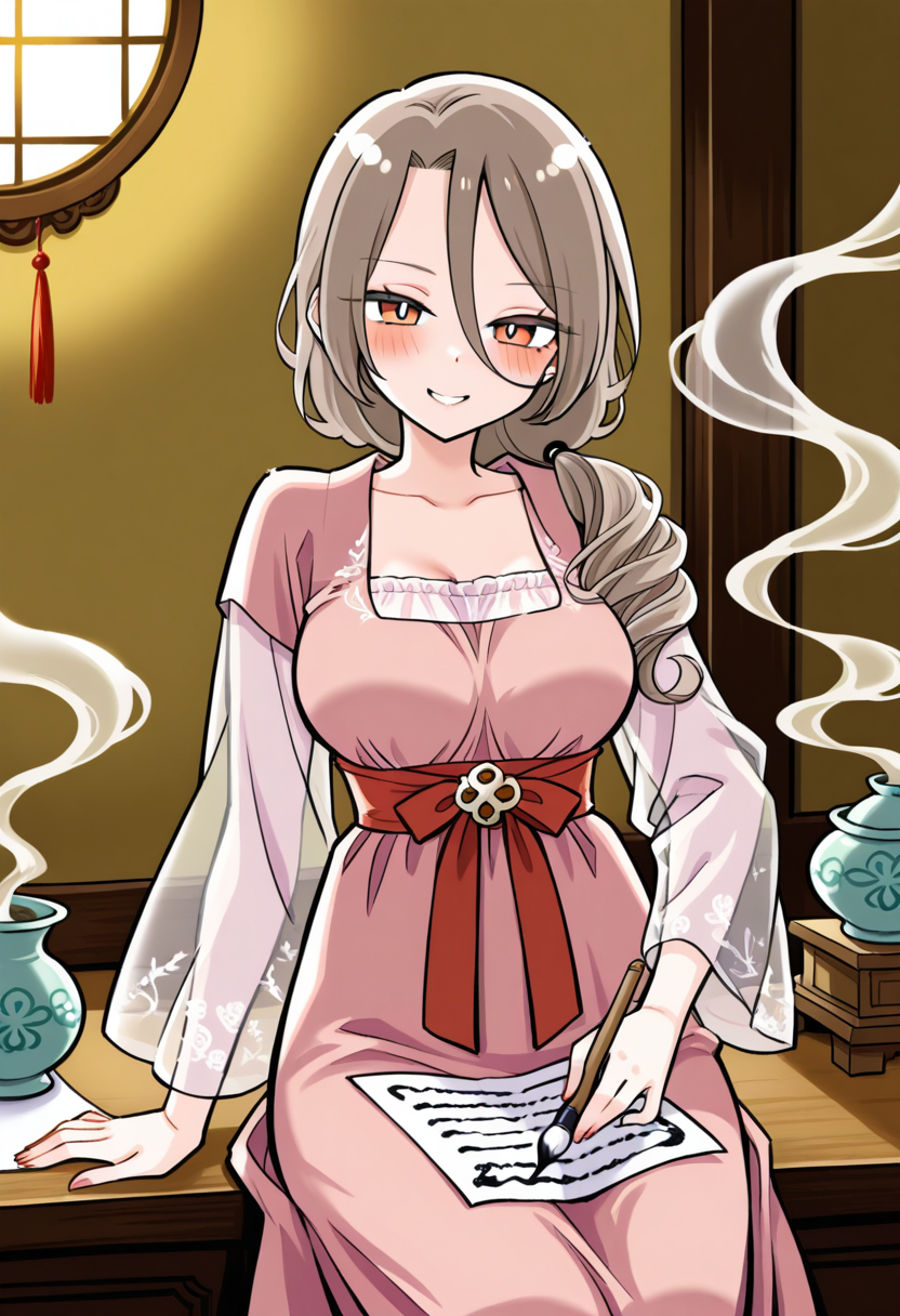 1girl, solo, shino sakisaki, mom, long hair, brown hair, hair between eyes, brown eyes, gradient eyes, red eyes, looking at viewer, low ponytail,
silk hanfu robe with embroidered phoenix design, transparent outer sleeves, jade waist ornament, cowboy shot, placing calligraphy brush onto paper, surrounded by old scrolls, incense smoke curling around, traditional study interior, warm gold ambient lighting
 <lora:Character_Shino Sakisaki Mom:1>