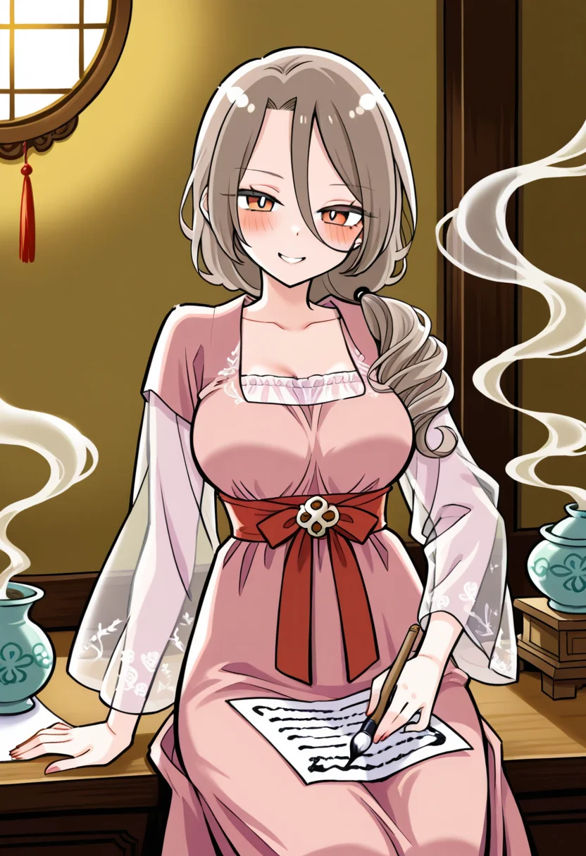1girl, solo, shino sakisaki, mom, long hair, brown hair, hair between eyes, brown eyes, gradient eyes, red eyes, looking at viewer, low ponytail,
silk hanfu robe with embroidered phoenix design, transparent outer sleeves, jade waist ornament, cowboy shot, placing calligraphy brush onto paper, surrounded by old scrolls, incense smoke curling around, traditional study interior, warm gold ambient lighting
<lora:Character_Shino Sakisaki Mom:1>