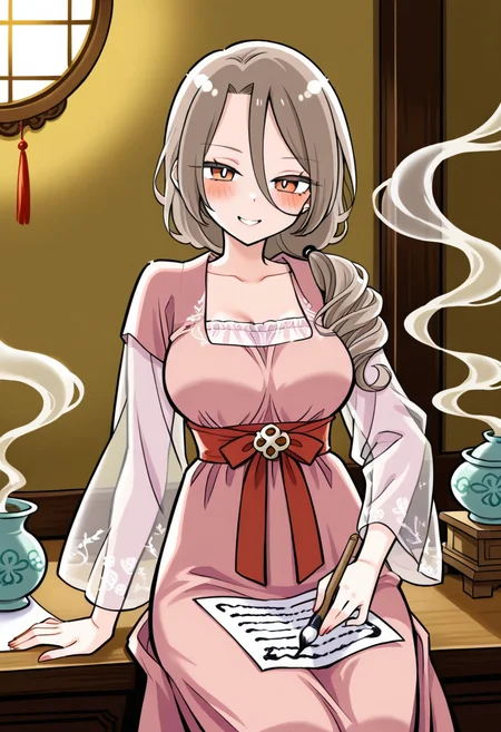 1girl, solo, shino sakisaki, mom, long hair, brown hair, hair between eyes, brown eyes, gradient eyes, red eyes, looking at viewer, low ponytail,
silk hanfu robe with embroidered phoenix design, transparent outer sleeves, jade waist ornament, cowboy shot, placing calligraphy brush onto paper, surrounded by old scrolls, incense smoke curling around, traditional study interior, warm gold ambient lighting
 <lora:Character_Shino Sakisaki Mom:1>