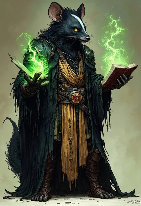 Hand drawn storybook illustration of a black mouseguard skunk a white stripe with long hair, he is a warlock conjuring dark magic, he is wearing leather armor under ancient robes, in one hand he is holding the evil book the Necronomicon, with his other hand he is summoning whisps of green magic from the book.