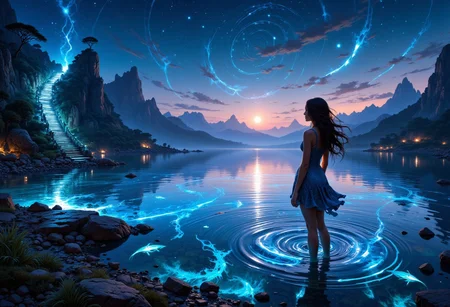 A young woman stands at the edge of a shimmering lake under a twilight sky, where the water glows with a mysterious bioluminescence. As she reaches down to touch the surface, the lake begins to ripple and swirl, revealing glimpses of fantastical creatures beneath—glowing fish with iridescent scales and ethereal, shimmering mermaids. Above her, the sky is filled with swirling constellations, forming shapes of mythical beings. She gazes in awe, her hair blowing gently in the evening breeze, as the water rises to form a spiral staircase leading to a hidden underwater realm. The scene is magical and enchanting, evoking a sense of wonder and discovery.