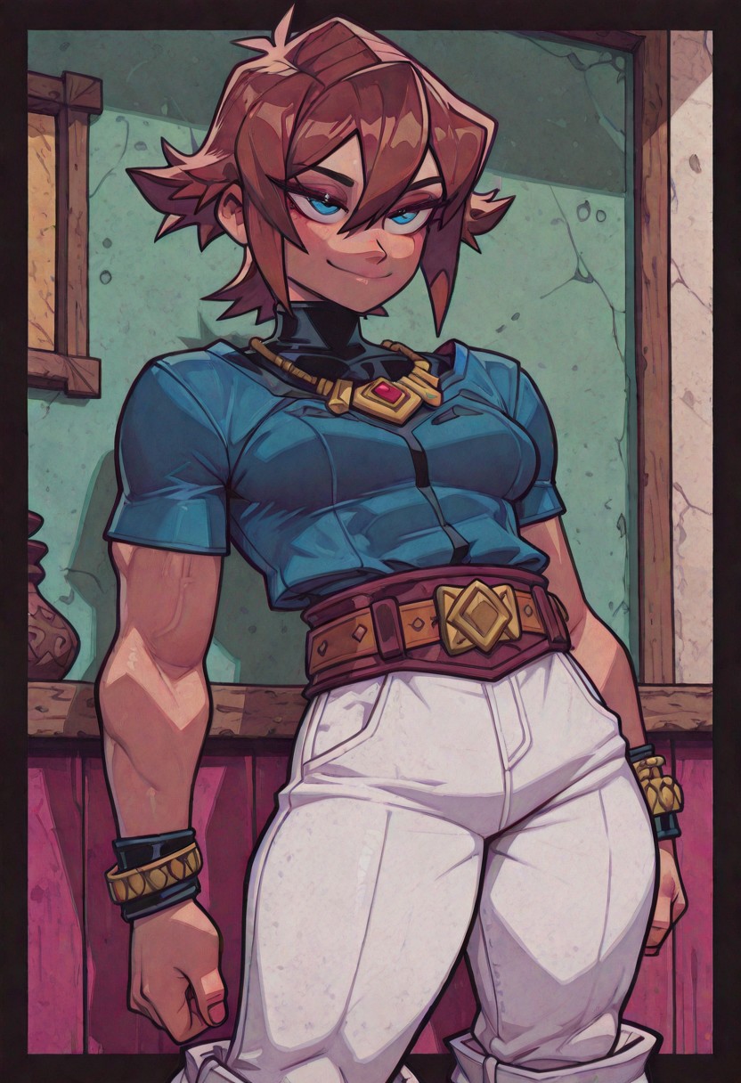 masterpiece, best quality, amazing quality, very aesthetic, absurdres, newest, (pixelsketcher:0.5), Yaya Artstyle, Overnoizz,  
r1guy,  muscular, buff, , male, solo,  
dark_borders,
Chris,short hair,brown hair,hair between eyes,bangs,blue eyes,jewelry,necklace,blue shirt,turtleneck,black bodysuit,short sleeves,wristband,bracelet,brown belt,white pants,pants rolled up, <lora:Chris(kof)-Illus:1.6>, smile