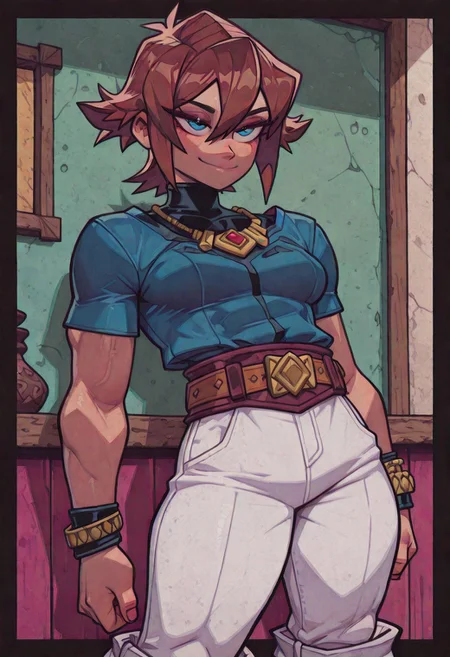 masterpiece, best quality, amazing quality, very aesthetic, absurdres, newest, (pixelsketcher:0.5), Yaya Artstyle, Overnoizz,  
r1guy,  muscular, buff, , male, solo,  
dark_borders,
Chris,short hair,brown hair,hair between eyes,bangs,blue eyes,jewelry,necklace,blue shirt,turtleneck,black bodysuit,short sleeves,wristband,bracelet,brown belt,white pants,pants rolled up, <lora:Chris(kof)-Illus:1.6>, smile