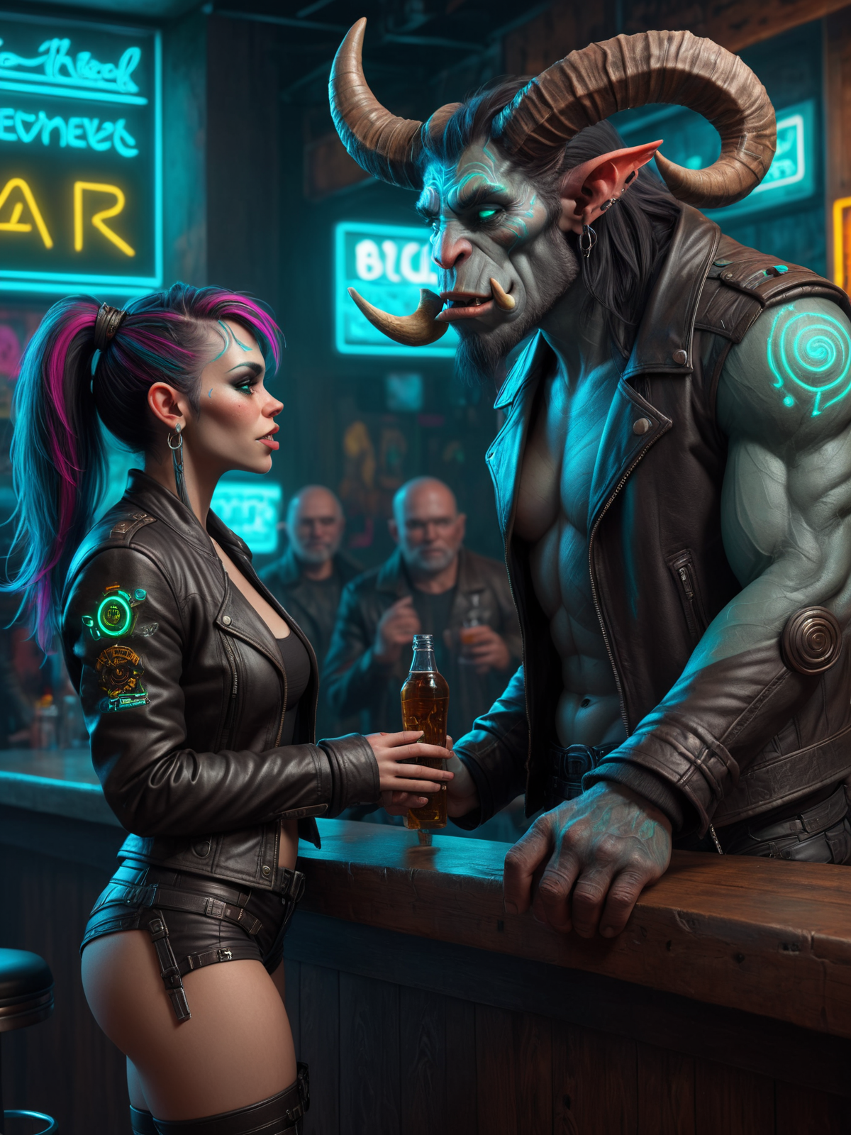 tall troll_man, horns and tusks, wearing leather jacket, talking to short human_woman at a bar, leather clothes, (cyberpunk:1.2), teal, neon signs <lora:Neon_Cyberpunk_SDXL_-_Trolls:0.8>, (masterpiece:1.2), best quality, (hyperdetailed, highest detailed:1.2), high resolution textures