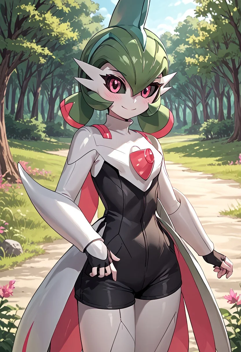 score_4,score_5,score_6,score_7_up,score_8_up,score_9 ((masterpiece,best quality,ultra detailed,highres,HD,4k:1.2)),
1 girl,solo,face focus,
((ironvaliantsv,pokemon (creature), solo,colored skin, white skin:1.2)),
green hair,low twintails,pink eyes,colored sclera,
cape,shirt,sleeveress shirt,fingerless gloves,shorts,black shorts,jewelry,
outdoors,in the forest,day,
standing,
smile,.blush,light smile,