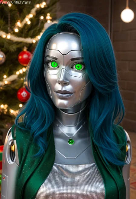 A 35mm photo of a beautiful 20 year old woman, she is a humanoid robot , robotic face , robotic body, emerald green robotic eyes, freckles, smooth featureless silver grey robotic skin, robotic aerials, metallic dark blue hair, elegant Christmas satin dress