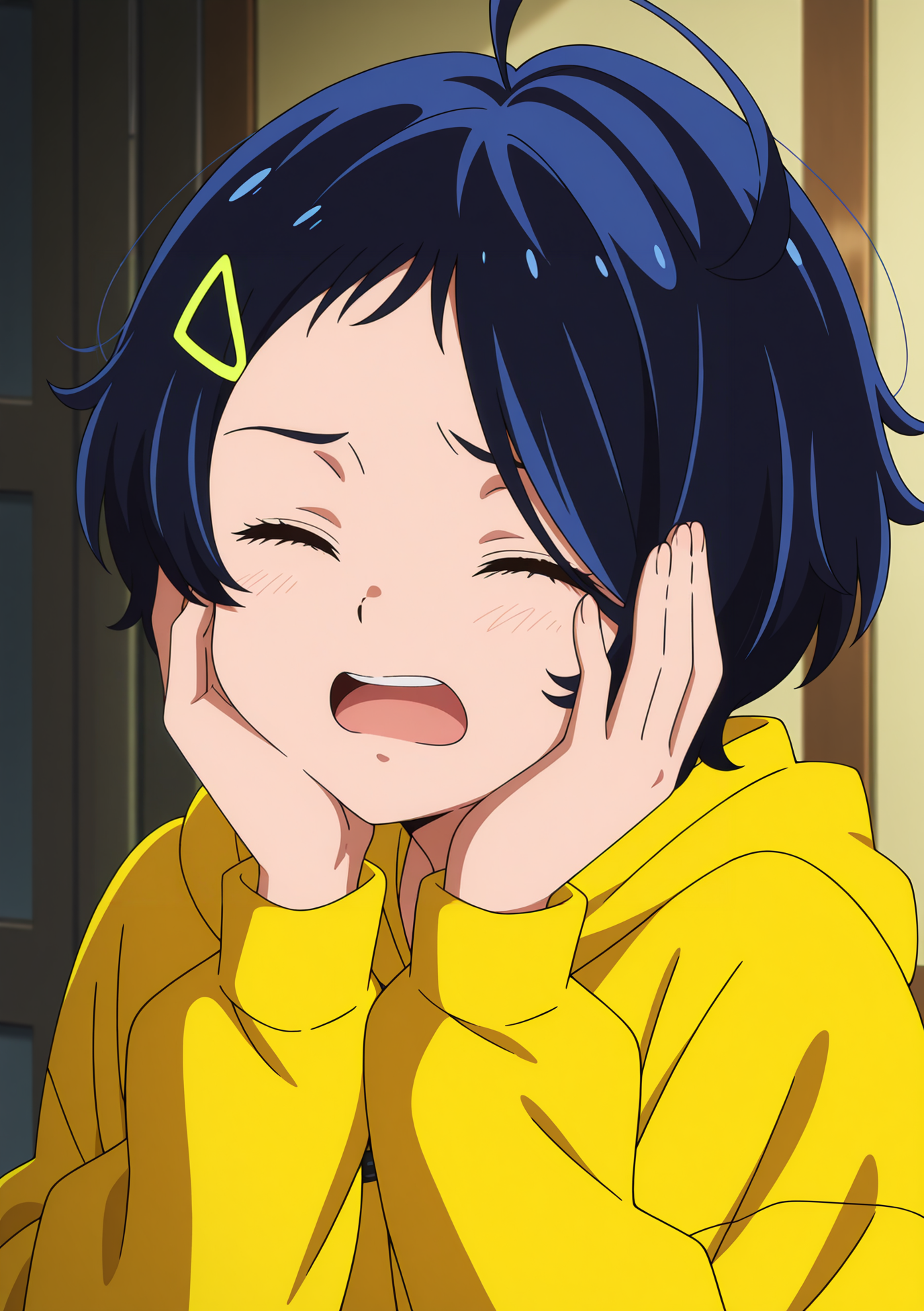 detailed background, official style,anime coloring, (anime screencap) masterpiece, detailed face,1girl <lora:Ai_Ohto:0.8>Ai, closed eyes, short hair, hair ornament, solo, yellow hoodie, hoodie, ahoge, hairclip, hood, open mouth, hands on own face, blue hair, black hair, upper body