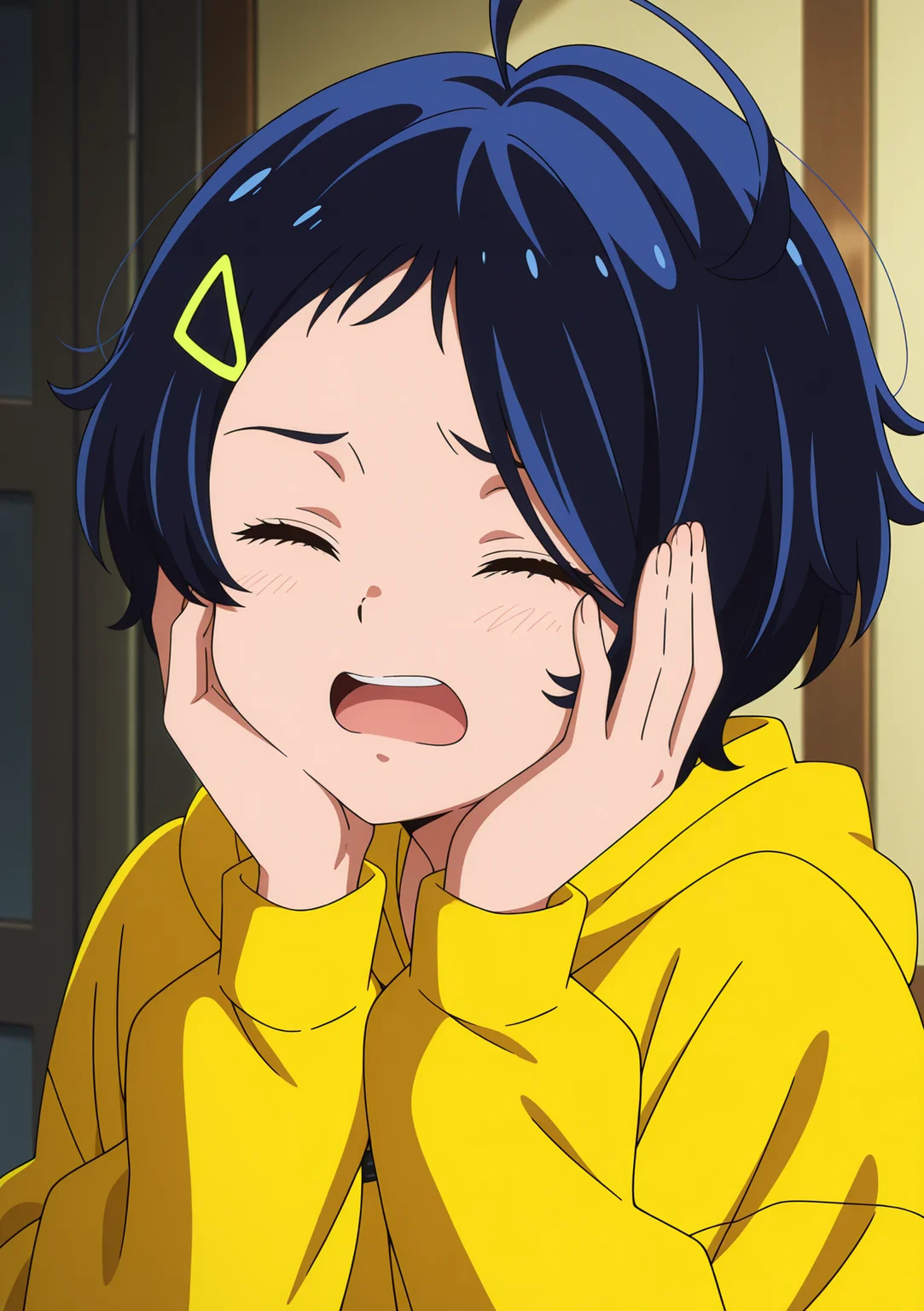 detailed background, official style,anime coloring, (anime screencap) masterpiece, detailed face,1girl <lora:Ai_Ohto:0.8>Ai, closed eyes, short hair, hair ornament, solo, yellow hoodie, hoodie, ahoge, hairclip, hood, open mouth, hands on own face, blue hair, black hair, upper body