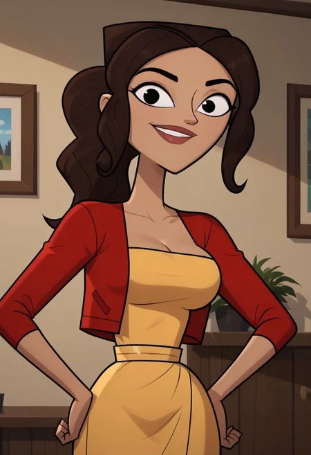 ((room background)),score_9, score_8_up, score_7_up,score_6_up,
1girl, solo, Riya_DC, light brown skin, black eyes, long hair, dark brown hair, voluminous wavy hair, hairstyle ponytail, yellow fitted dress, red long sleeve cropped jacket, red strappy sandals, big eyes, cute, tall stature, social smile, perfect eyes, perfect smile, looking at the viewer, detailed eyes, perfect eyes, standing, big breasts (front pose, front view, bust shot) five fingers, perfect hands, hands on hips
