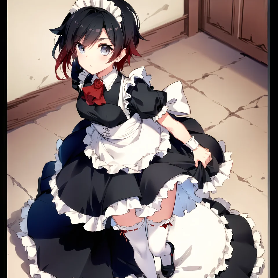 masterpiece, best quality, detailed, HD, ruby rose, 1girl, grey eyes, red hair, multicolored hair, maid, maid headdress, standing, full body