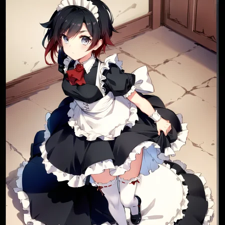 masterpiece, best quality, detailed, HD, ruby rose, 1girl, grey eyes, red hair, multicolored hair, maid, maid headdress, standing, full body