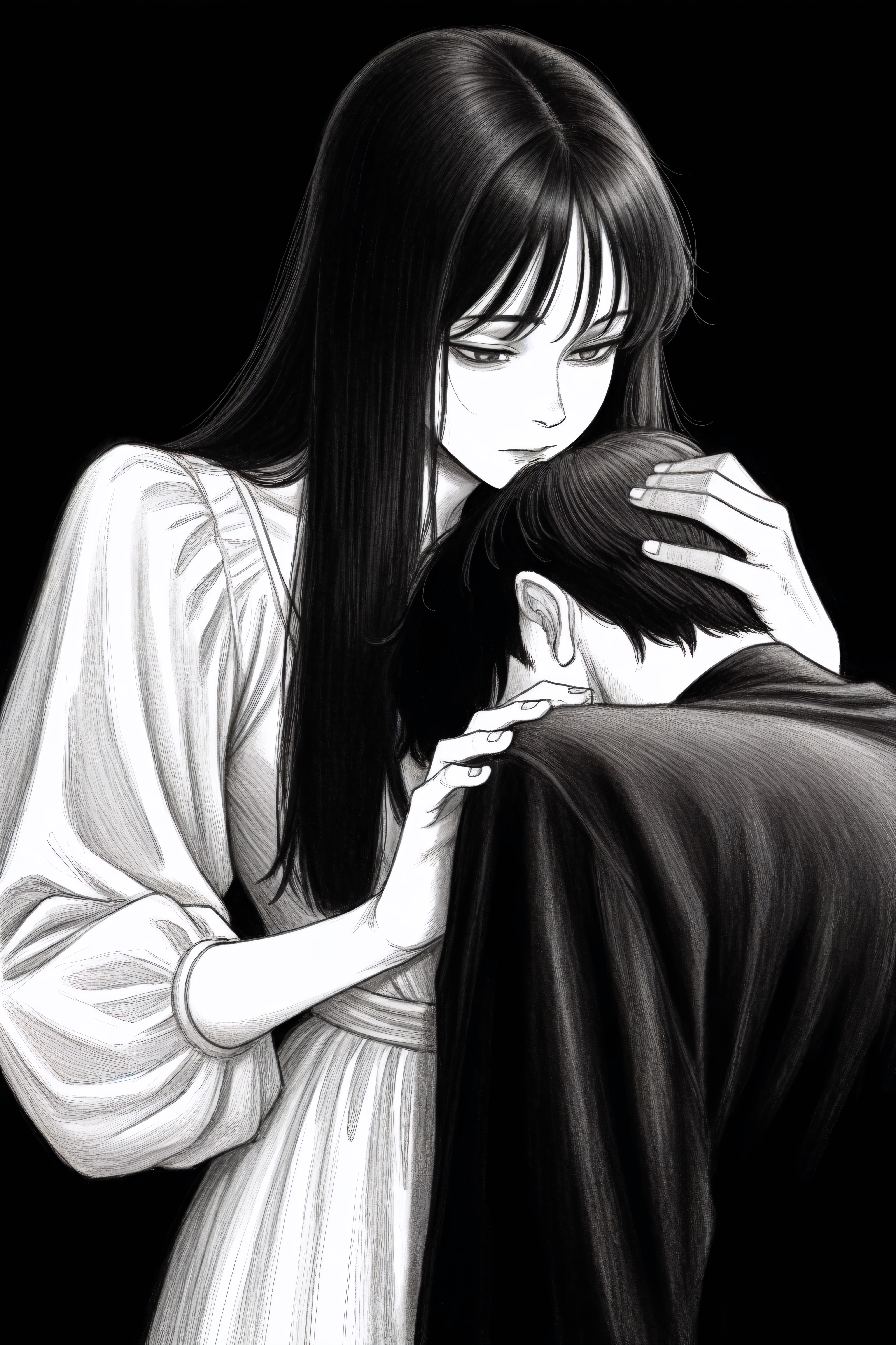 (masterpiece,best quality),<lora:tp1p1ptStyle-Illustrious-lora-Faxtron:0.7> tp_p_pt, monochrome, greyscale, highres, graphite_(medium), traditional_media, 1boy, 1girl, black_background, black_hair, black_shirt, dark, dress, holding_hands, long_hair, long_sleeves, shirt, white_dress,