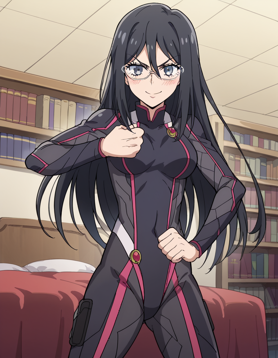 score_9, score_8_up, score_7_up, source_anime, <lora:shutaura-sequenzia-movie-ponyxl-lora-nochekaiser:1>, shutaura sequenzia, long hair, black hair, black eyes, hair between eyes, anime screencap,, bodysuit, black bodysuit, pilot suit, library, reading books, glasses, quiet, focused, shelves of books, smile, <lora:giorno-giovannas-pose-ponyxl-lora-nochekaiser:1>, giorno giovannas pose, giorno giovanna's pose (jojo), jojo pose, hand up, arm up, clenched hand, hand on waist, blush, shirt, smile, bed room, cowboy shot, looking at viewer, solo,, dutch angle, cowboy shot