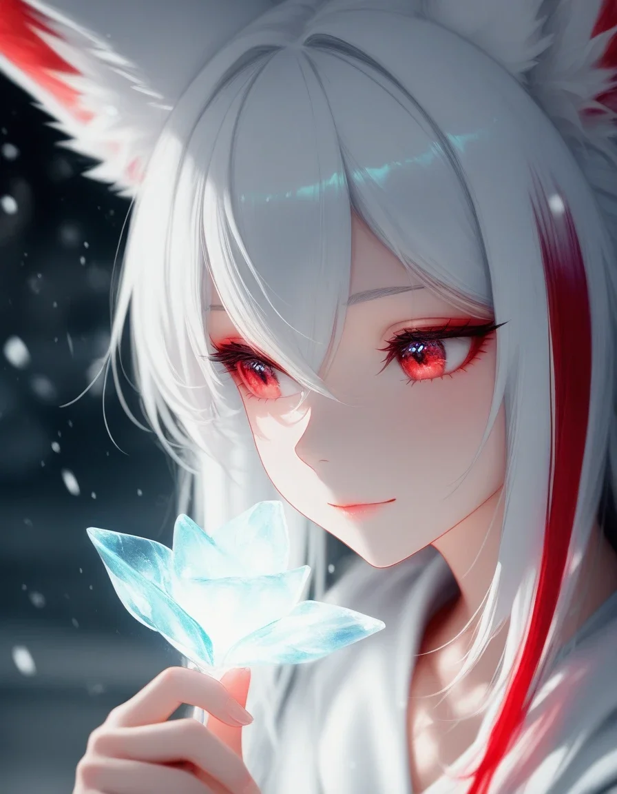 <lora:illustriousXLv01_stabilizer_v1.164:0.4>1girl,fox girl,red eyes,white hair,red hair,light smile,multicolored hair,upper body,looking away,holding glowing ice rose,portrait,snowing,long hair,dark,close-up,depth of field,masterpiece,