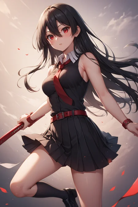 score_9, score_8_up, score_7_up, BREAK source_anime, <lora:akame-PonyXL:0.8> akame, red eyes, black hair, long hair, hair between eyes, medium breasts, black pleated skirt, black sleeveless shirt, bare shoulders, red necktie, red belt, black socks, black shoes, standing,